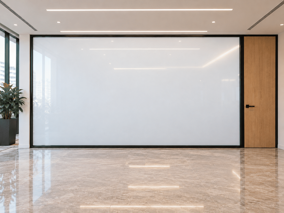Animated PDLC film on office glass — the brand logo appears when powered on