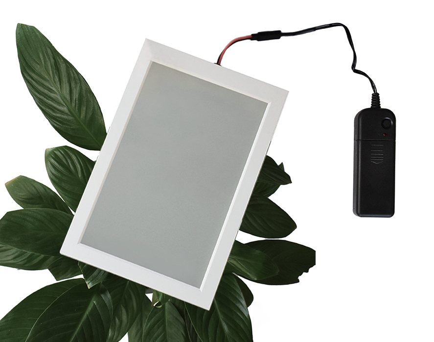 SGV smart film glass sample in white frame - frosted opaque state