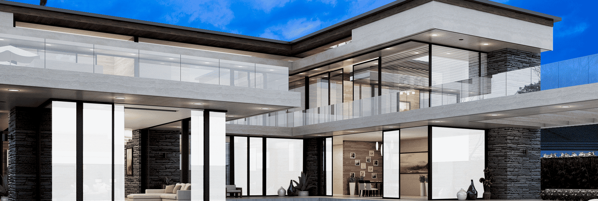 Villa with SGV smart film on floor-to-ceiling glass, switching between frosted and clear
