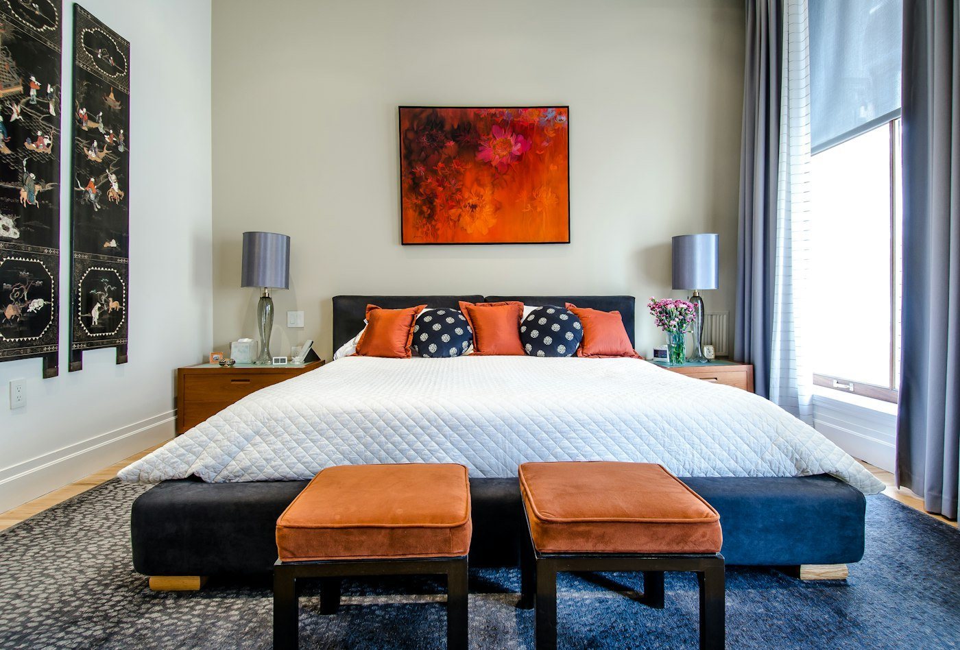 Hotel bedroom with smart film windows