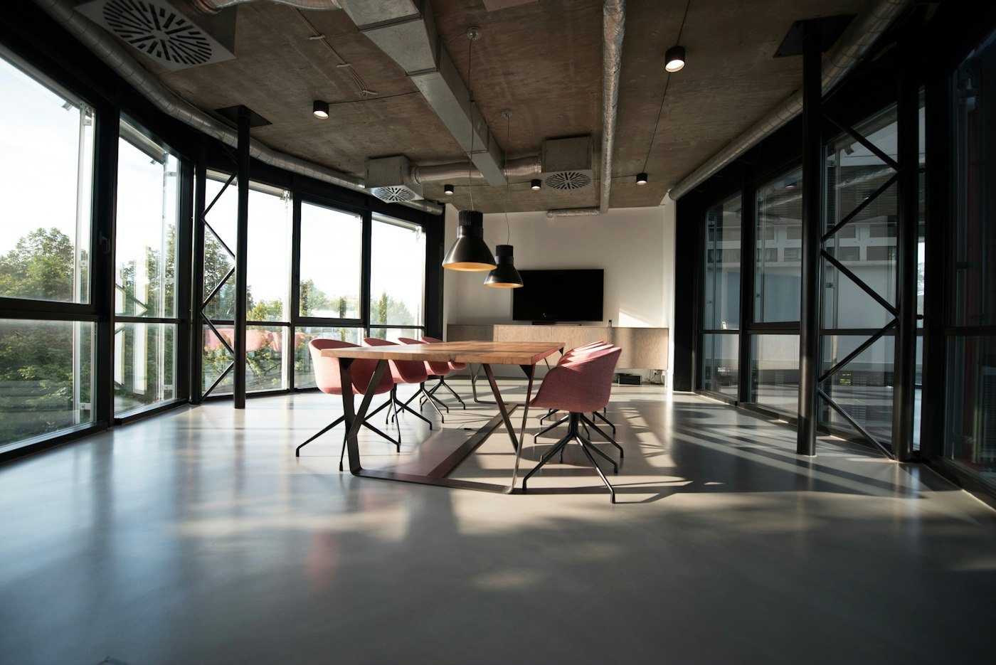 Meeting room glass in clear and opaque states - clear state (power on)