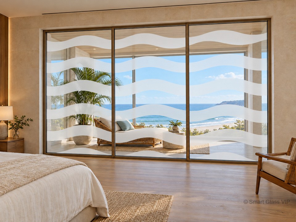 Smart blinds — sea-view suite, striped state