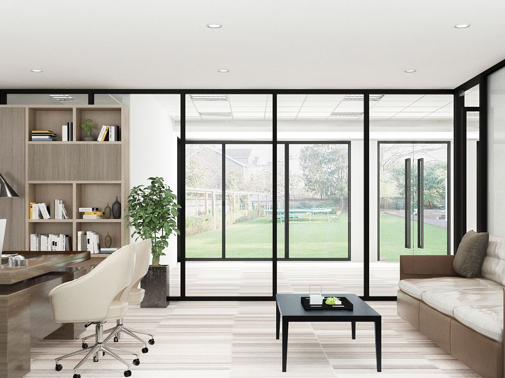 The same office glass partitions with switchable smart glass switched to the clear transparent state