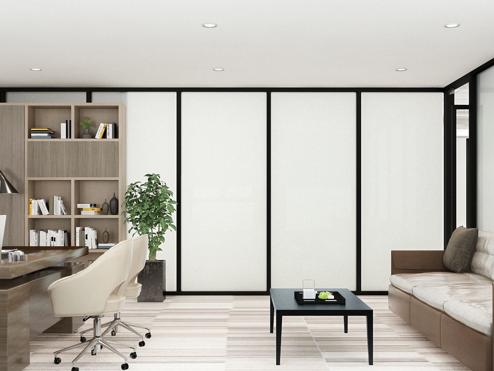 Office glass partitions with switchable smart glass switched to the frosted opaque state